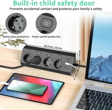 Багатофункціональна мережева розетка на кут 4-портова з USB та Type-C, захист від перенапруги, 2м кабель, для дому, білого/чорного кольору