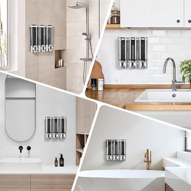 Wall-Mounted Soap Dispenser, Shampoo & Body Wash Dispenser, 3-Piece Soap Dispenser No Drilling Required, Even Liquid Dispensing, Leak-Proof Suitable for Shampoo, Body Wash, Liquid Soap, Conditioner. (Silver)