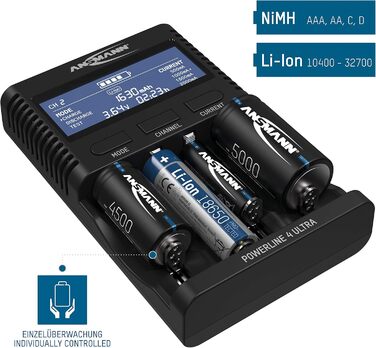 Зарядний пристрій ANSMANN для NiMH/Li-Ion акумуляторів AAA, AA, C, D (10340-26650) з USB, 4 програми + 4xAAA акумулятор