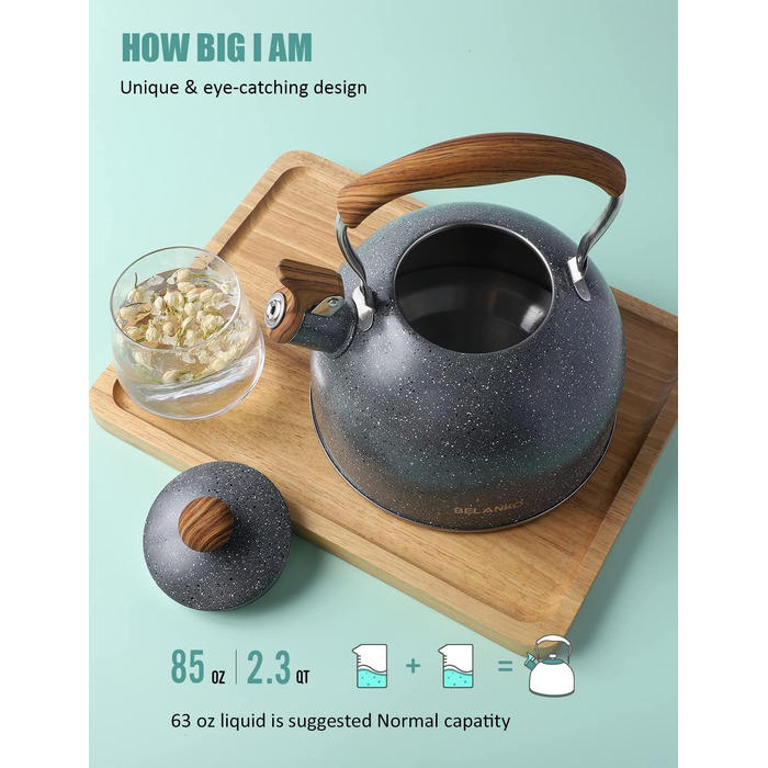 Чайник BELANKO 2,5 л з свистком, нержавіюча сталь, з дерев'ястим декором, складаний ручка, для чаю, кави, молока – блакитний (сірий)