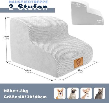 2-Step Dog Stairs, 40cm Cat Stairs with Washable Cover, Dog Stairs for Small Dogs, Pet Stairs for Dogs and Cats, Cat Stairs for Senior Cats, Black (2-Step White Dog Stairs)