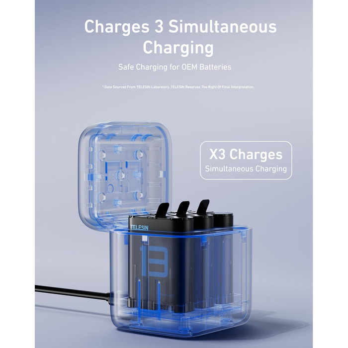 Акумулятори TELESIN 2 шт. з зарядним пристроєм для GoPro Hero 13 Black, сумісні з оригінальними акумуляторами, тризарядний USB-чохол з Type-C кабелем, акумуляторна сумка для Go Pro 13 Black