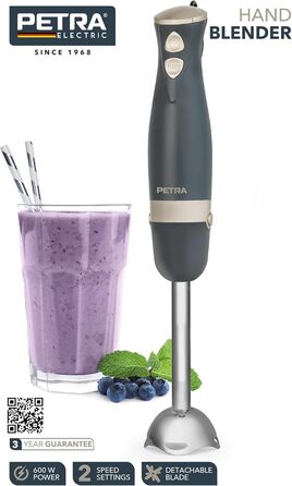 Занурювальний блендер Petra PT5612BGRYVDE, 600 Вт, нержавіюча сталь, 2 швидкості, електричний, знімний, для супів, смузі, соусів, дитячого харчування, сірий і золотий