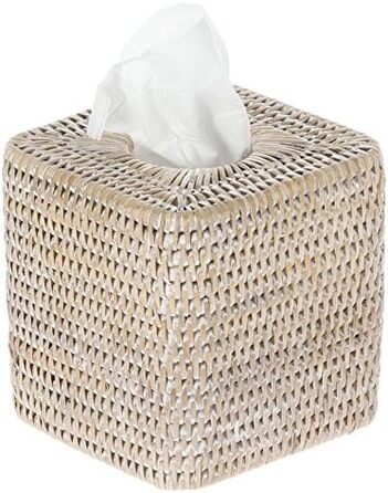 Kouboo La Jolla Rattan Square Tissue Box Cover, White Wash, Wicker, 13.97 x 13.97 x 14.61 cm