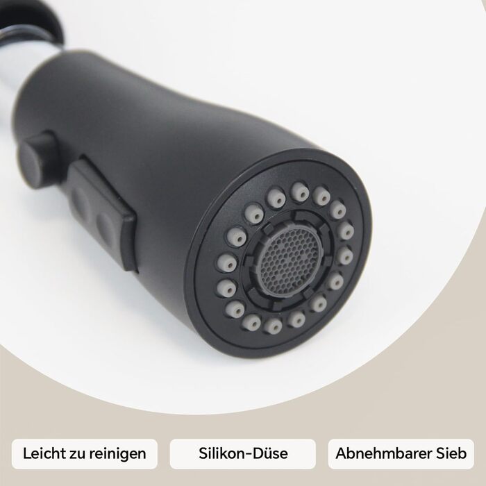 Кухонний змішувач SEMANEY з витяжною насадкою, чорний матовий, з 3 функціями, 360° обертання, з нержавіючої сталі