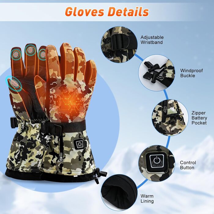 Греючі рукавиці для чоловіків та жінок, 7.4V 3000mAh, акумулятор, сенсорний екран, для катання на лижах, кемпінгу, їзди на велосипеді, 3 рівні нагріву