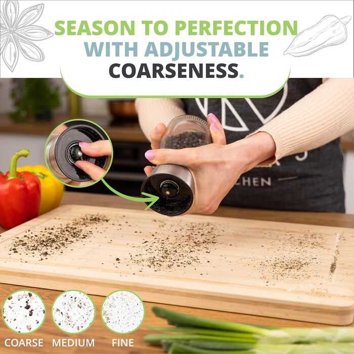 Набір з 2 шт. мельниць для солі та перцю Oliver's Kitchen® - преміум керамічні жорна, велика ємність, регульований ступінь помелу, ручний дозатор