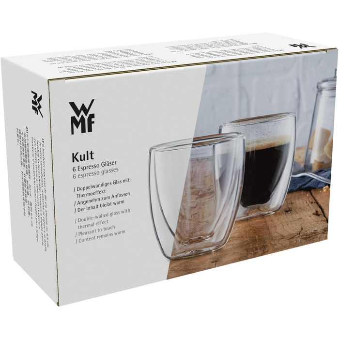 WMF Culture Double-Walled Espresso Cups Glass Set, 6-Piece, Double-Walled Glasses 80ml, Floating Effect, Thermoglass, Heat-Resistant Espresso Glass