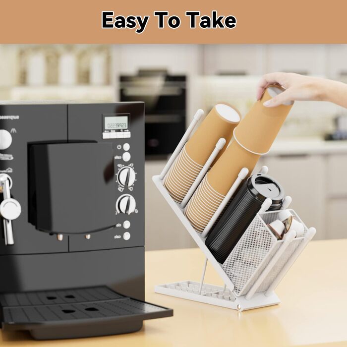 Ovicar Cup and Lid Holder – Adjustable Coffee Cup Holder, Organizer, 4 Compartments, Disposable Cup Dispenser with Coffee Capsule, Straw, Storage Basket for Coffee Station, Bar, Countertop, (White)