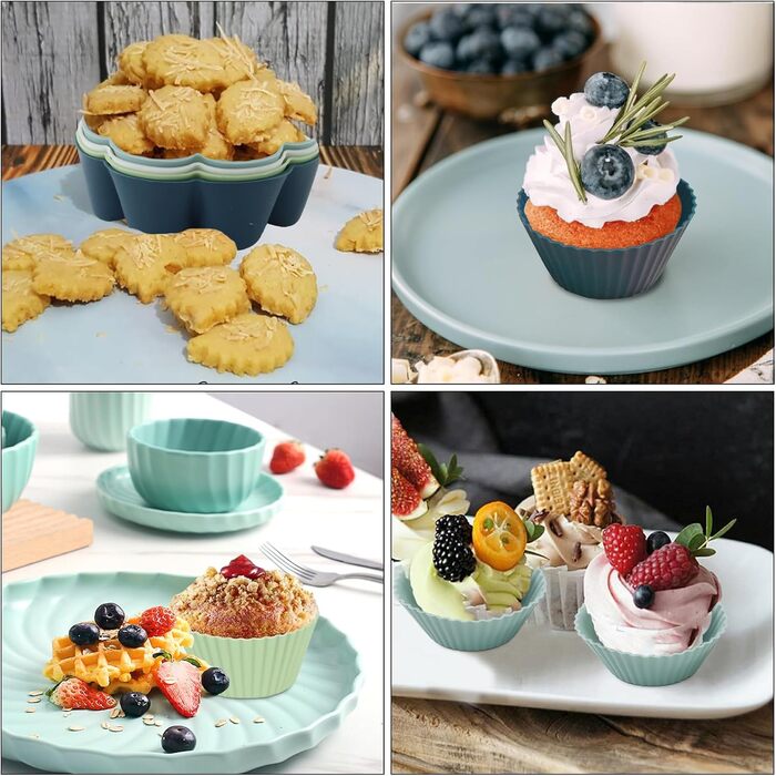 24 Силіконові Формочки для Маффінів, 6 Типів, Багаторазові, Антипригарні, для Випікання, Сумісно з Посудомийною Машиною (4 кольори)