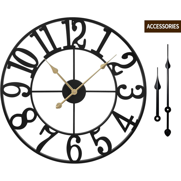 HAITANG Large Vintage Wall Clock, round, metal silent (no ticking), battery-powered, 40cm, 16 inch Roman numerals, clocks for living room, bedroom, kitchen wall clock decoration (Black Arabic numerals, 100 cm)