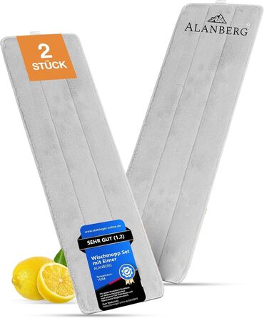 Відро для миття підлоги з системою 2 камери, телескопічна ручка 143-181 см, плоский насадка 40 см, самовіджимний, з видаленням шерсті тварин та 2 мікрофібровими подушечками, білий – ALANBERG®