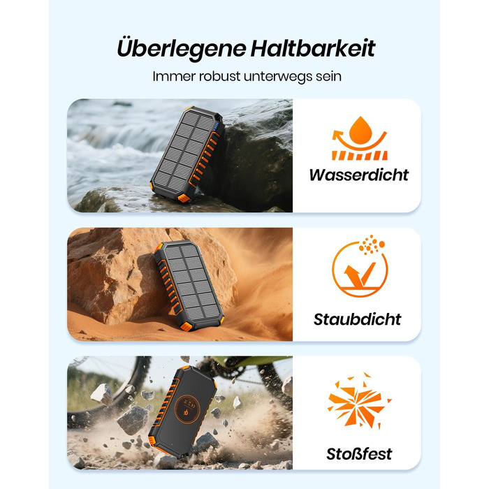 Портативний зарядний пристрій ADDTOP Solar – 26800mAh з сонячною панеллю, USB-C, 3.0A, 4 виходи для смартфонів та планшетів, ліхтар для кемпінгу та відпочинку на природі (Orange)