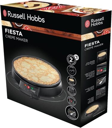 Електрична млинниця Russell Hobbs Fiesta 30 см, антипригарна, з лопаткою і розподільником тіста, 1000 Вт, для млинців, панкейків, буріто, галет, тако
