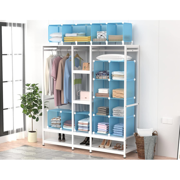 Wardrobe, Portable Shelving System, Plastic Closet with 2 Clothes Rods, Bedroom Wardrobe Closet White for Bedroom (Blue)