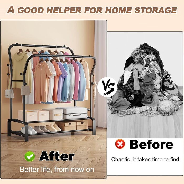 Вішалка для одягу металева подвійна Stabil з 8 гачками та 2 полицями для взуття, чорна – функціональна стійка для спальні