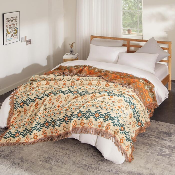 Плед Boho Softexly з 100% бавовни – двостороння муслінова ковдра 150x200 см, м'який плед на диван та покривало на ліжко, естетичний дизайн, ідеально для вітальні та спальні, помаранчево/блакитний (150 x 200 см, стиль модерн)