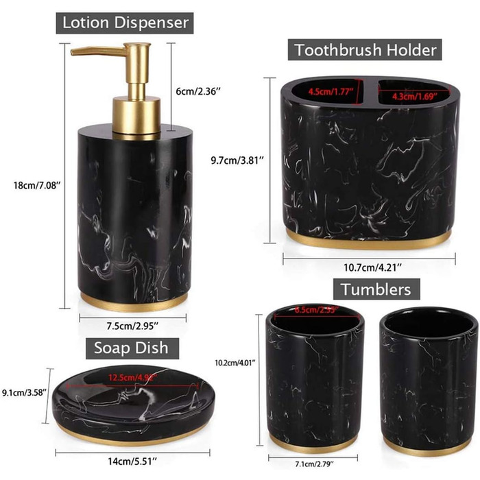 Набір аксесуарів для ванної кімнати 5 шт. з нержавіючої сталі, імітація мармуру, включає дозатор для мила, стакан для зубної пасти, мильниця, тримач для зубних щіток, набір для ванної кімнати, білий/чорний (білий + золото)
