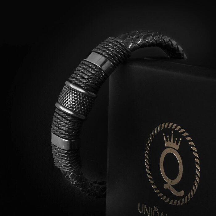 Чоловічий браслет UNIQAL з натуральної шкіри та нержавіючої сталі 'Premium Style' | Чорний колір, 23 см | Безкоштовна коробочка