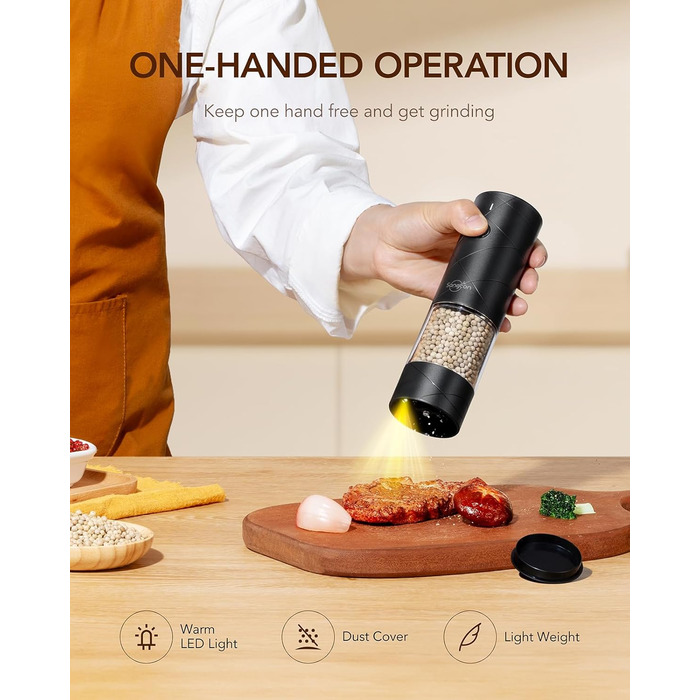 Sangcon Salt and Pepper Grinder 2-Piece Set, Rechargeable via USB, with LED Light, Large Capacity Pepper Grinder, Automatic Grinding and Adjustable Grind Fineness, Suitable for a Variety of Selection