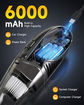 Акумуляторний ручний пилосос TANYO 11000PA: портативний бездротовий міні-пилосос з HEPA фільтром для авто, дому, офісу, килимів, шерсті тварин, сірий