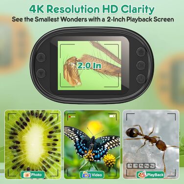 Дитячий цифровий мікроскоп 1000X Handy з 4K екраном: перезаряджається, портативний, USB, для вивчення трихом. Науковий набір з предметними скельцями, ідеальний подарунок для дітей 4-12 років.