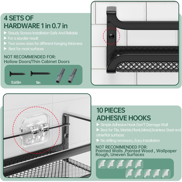 Настінна полиця для спецій, 4 шт. Організатор для спецій з рухомими гачками, полиця для спецій на кріпленнях (клей/шурупи), металева, для кухні та шафи
