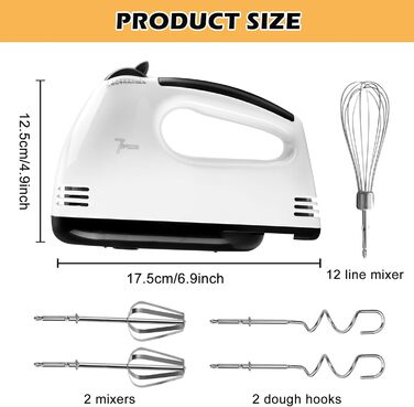 Електричний ручний міксер з нержавіючої сталі, 7 швидкостей, 2 насадки для збивання та 2 гаки для тіста - для кухні
