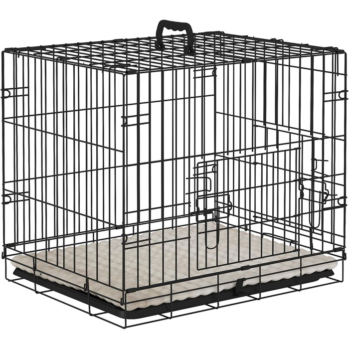 Клітка для собак PawHut, складана, металева, з двома дверцятами та лотком, для маленьких собак, 60x40x50 см, чорна
