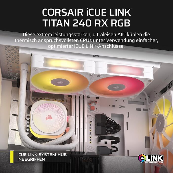 Система водяного охолодження Corsair iCUE LINK Titan 240 RX RGB для CPU - 240 мм AIO з 2 вентиляторами RX120 RGB, сумісна з Intel LGA 1851/1700, AMD AM5/AM4, iCUE LINK Hub, білий колір