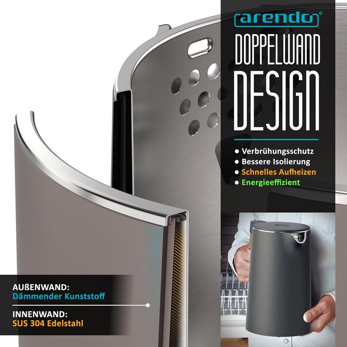 Електричний чайник Arendo з регулюванням температури, 1.5 л, нержавіюча сталь, подвійні стінки, BPA free, функція підтримки тепла, Cool Touch, Taupe C