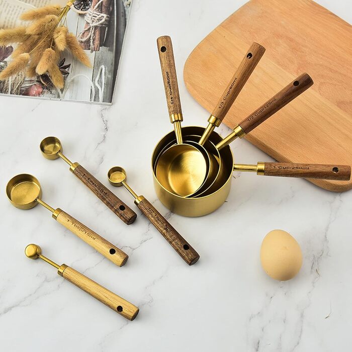 KOSDFOGE 8-Piece Stainless Steel Measuring Cup Set with Wooden Handle, Bartending Scale, Measuring Spoons, Baking Tool