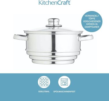 KitchenCraft 3-Tier Steamer, universal steaming insert, stainless steel, suitable for 16, 18 and 20 cm wide pots, Silver 1 Silver