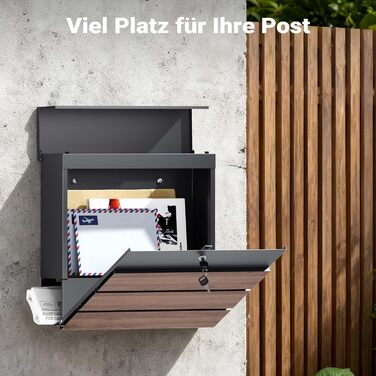Поштова скринька настінна V63 Anthrazit з дерев'яним декором, сталь, з замком та м'якою кришкою, 410x130x370 мм