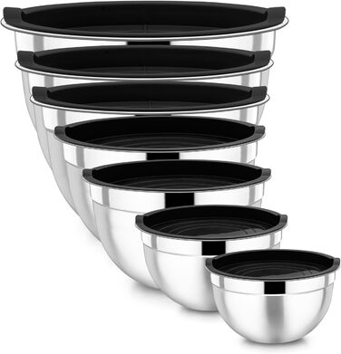 Homikit Mixing Bowl Set, Stainless Steel Bowl 7-Piece Set, Salad Bowl with Airtight Lid for Cooking/Baking/Serving, Nesting & Dishwasher Safe, 6.5/4.5/2.7/2.5/1.5/1.2/0.7L, Black