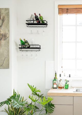 Wall-Mounted Wine Racks 2-Piece Set Wood Rustic Wine Bottle Glass Floating Shelves with Stemware Hangers Modern Wine Display Storage Holder for Kitchen Dining Room Bar, black