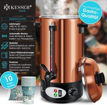 KESSER® Mulled Wine Boiler 8L Stainless Steel Incl. 10x Cups Mulled Wine Cooker with Thermostat Mulled Wine Dispenser Hot Beverage Dispenser Kettle Hot Water Dispenser Canning Device Level Indicator Tap Black (8 Liters / Copper)