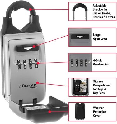 Master Lock 5415D Heavy Duty Key Lock Box - Zinc Wall Mount, Durable Adjustable Shackle