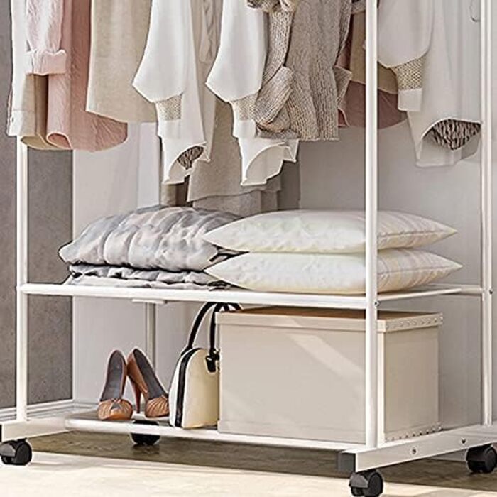 Rolling Clothes Rack, Metal Garment Rack with 2 Shelves, 2 Clothes Rods, for Shop Bedroom Dressing Room, White