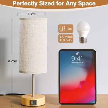 Нічна лампа UPXNBOR з USB-A та USB-C зарядкою, торшер з сенсорним керуванням та 3 рівнями тепла, для спальні та вітальні (E27 лампочка в комплекті), тканинний абажур