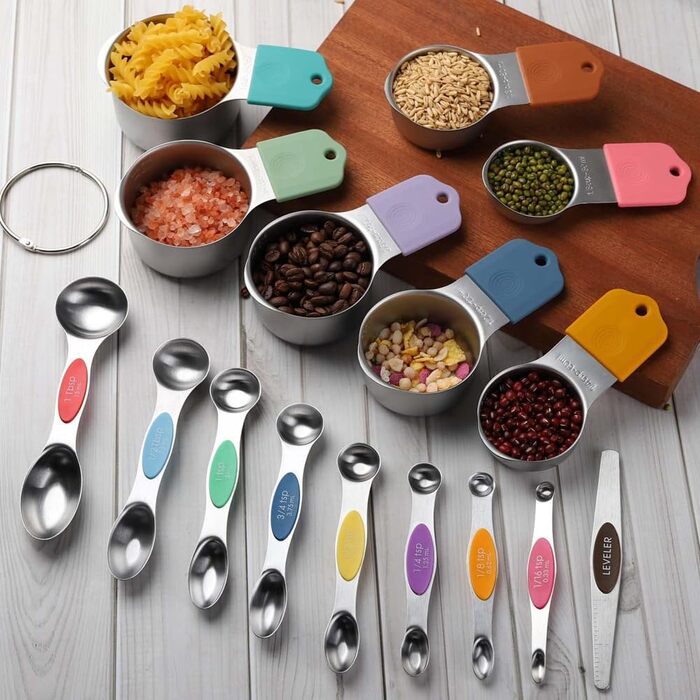 16-Piece Stainless Steel Measuring Cup and Spoon Set, 7 Sturdy Cups, 8 Double-Sided Spoons with Leveler, Multicolored