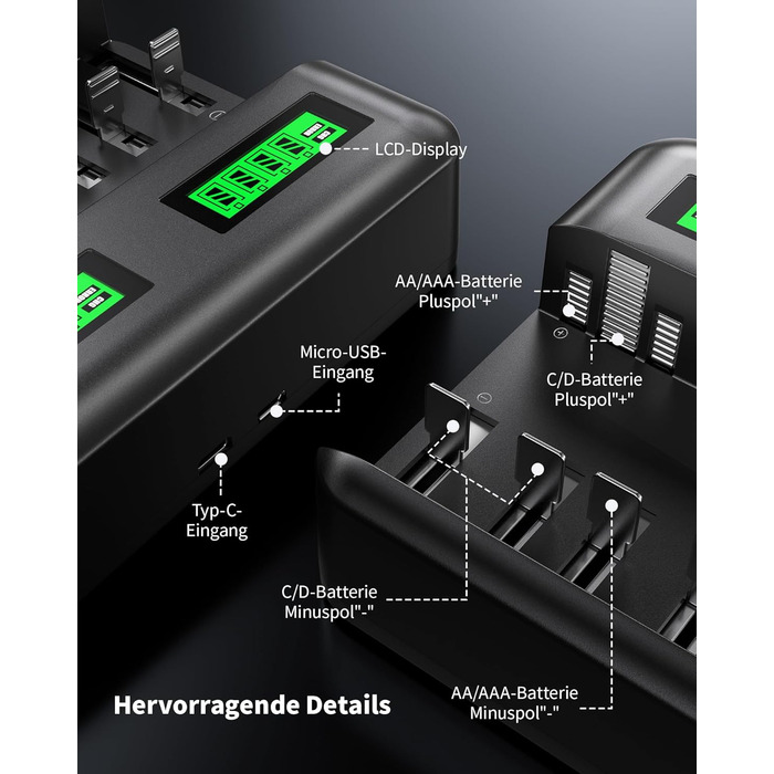 Зарядний пристрій EBL для акумуляторів AA AAA C D NI-MH, Type-C, LCD дисплей, швидка зарядка