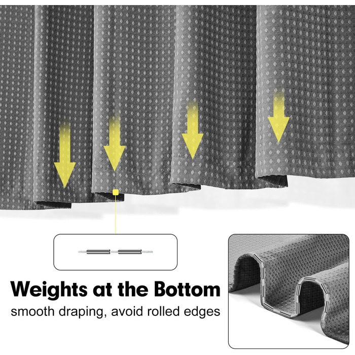 Шторка для душу Waffel сірого кольору 183x198 см - текстильна, з поліестеру, з магнітною фіксацією та 12 кільцями, непрозора та водовідштовхувальна для ванної кімнати, сіра, 1 шт.