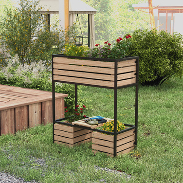 Outsunny Wooden Raised Garden Bed 2-Tier Flower Box with Storage Elevated Vegetable Bed with Interior Fleece Herb Bed Light Brown 83 x 39 x 100 cm