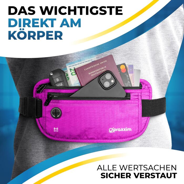 Сумка на пояс для подорожей: захист від крадіжок, RFID-захист, плоска, під одяг, для жінок та чоловіків (рожевий)