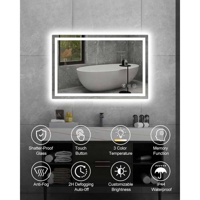 LED-дзеркало у ванну кімнату 60x80 см з Bluetooth, функцією антизапотівання та сенсорним керуванням
