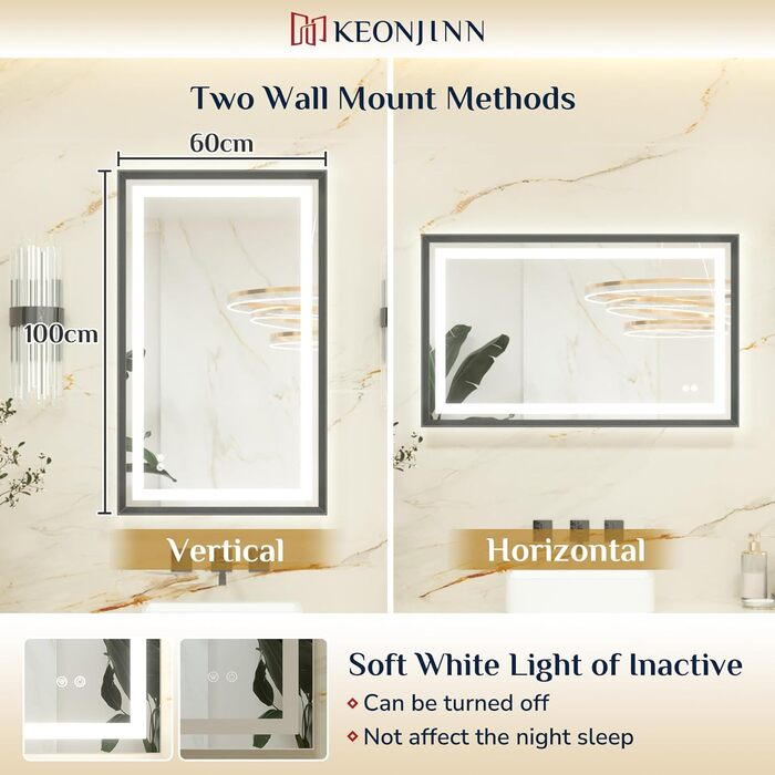 Дзеркало для ванної кімнати Keonjinn з підсвічуванням, чорний металевий каркас 60x80 см, LED, сенсорне керування, 3 кольори світла, регулювання яскравості, антивсмогування, настінне