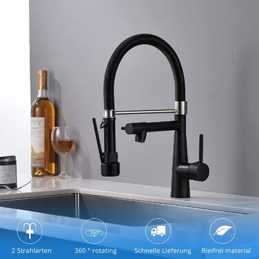 Чорний кухонний змішувач з висувною лійкою, поворотний на 360°, з витяжною насадкою для душу, для високого тиску, чорний, Küchenarmatur Negro