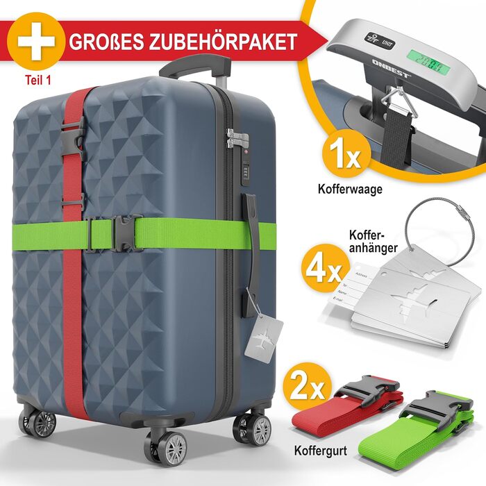 Преміум набір валіз 4-в-1: жорсткий корпус, TSA-Lock, USB-порт, ваги, ремені, адресники, тримач для напоїв, сумочка для взуття, захисні чохли (темно-синій)