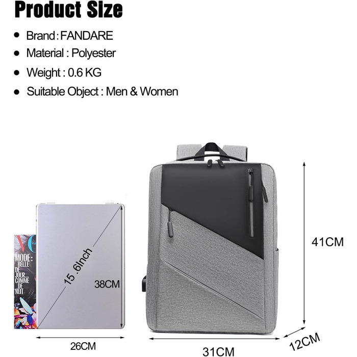 Рюкзак для ноутбука FANDARE Slim - чоловічий/жіночий, для роботи, подорожей, навчання. USB-порт, багато кольорів (сірий)
